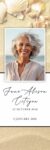Memorial card with smiling woman and seashells.