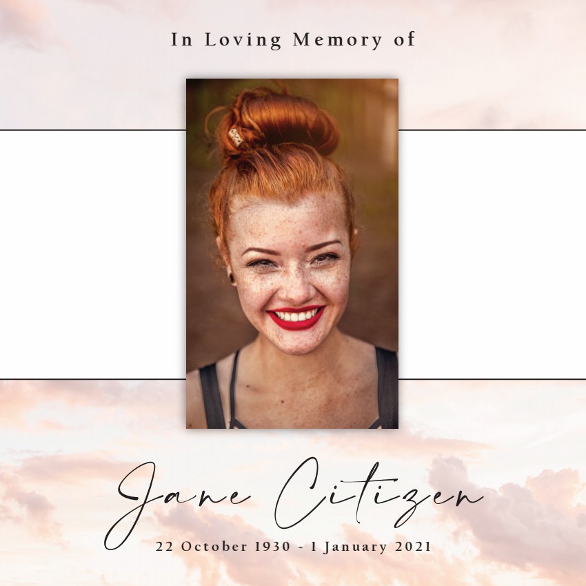 Memorial image with smiling woman, text below.