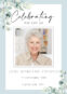 Memorial card with smiling elderly woman and flowers.