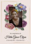 Memorial card with floral design and smiling woman
