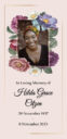 Memorial card with woman's portrait and floral design.