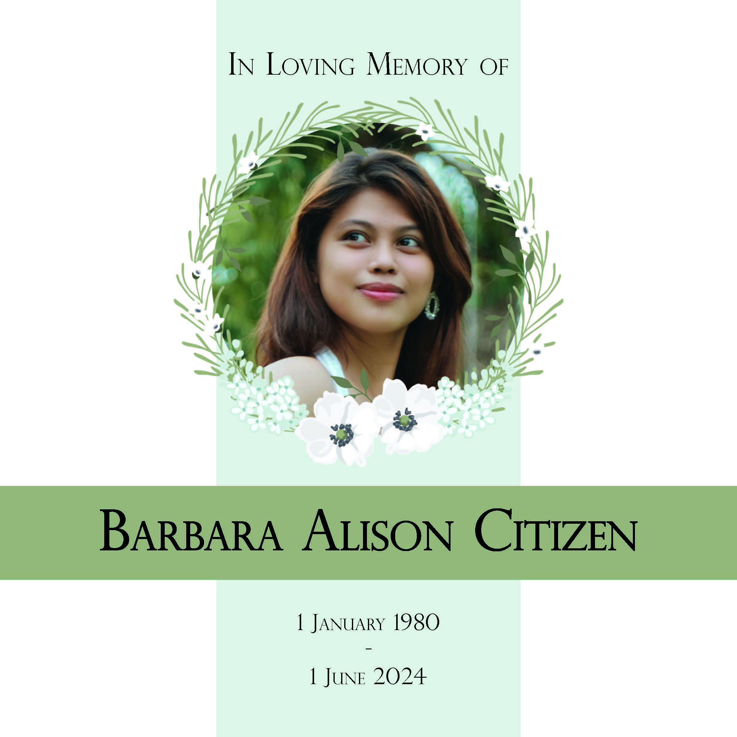 Memorial card with floral wreath and dates.
