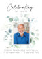 Memorial card with man's smiling photo, leaves decor.