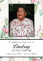 Memorial card with floral design and smiling woman.