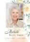 Obituary card with floral design, smiling elderly woman