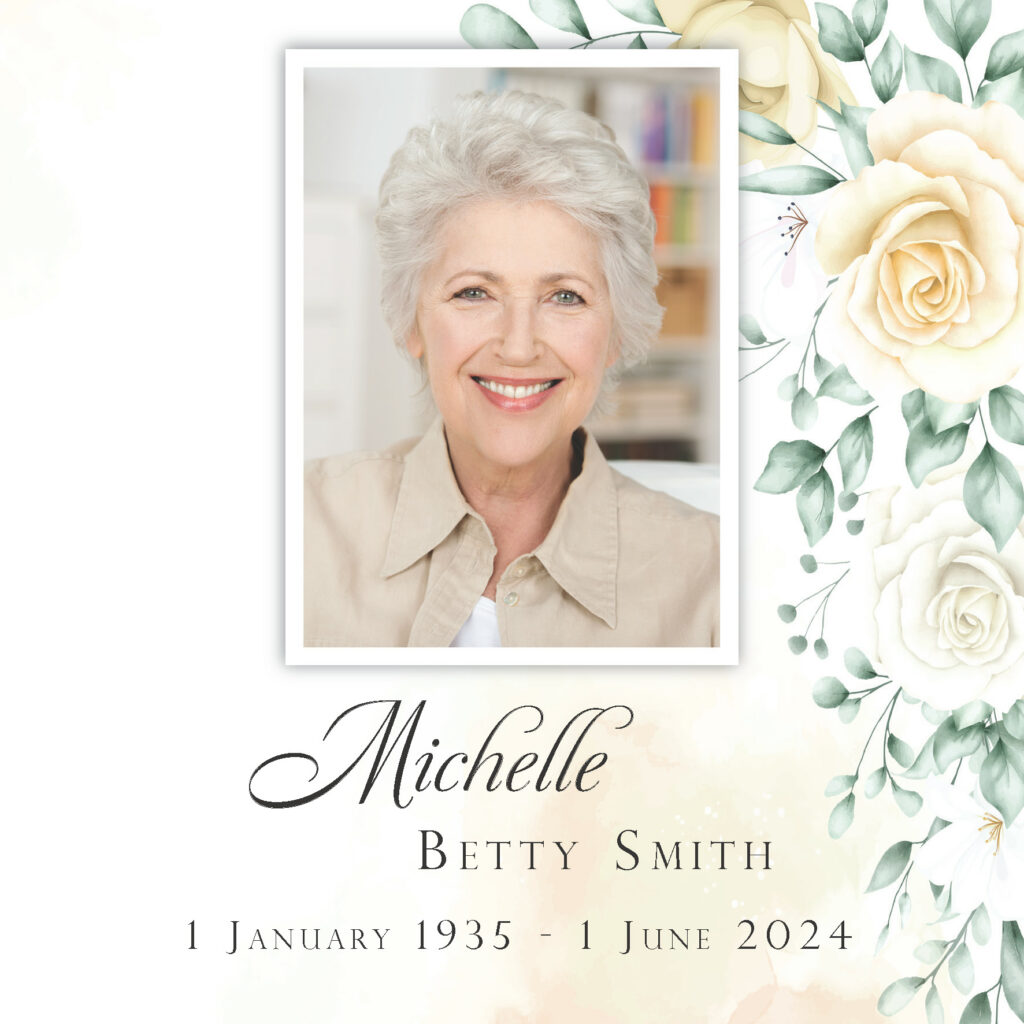 Memorial card with smiling elderly woman and flowers.