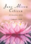 Memorial card with pink lotus, dates, names.