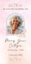 Memorial card with photo, flowers, and dates.