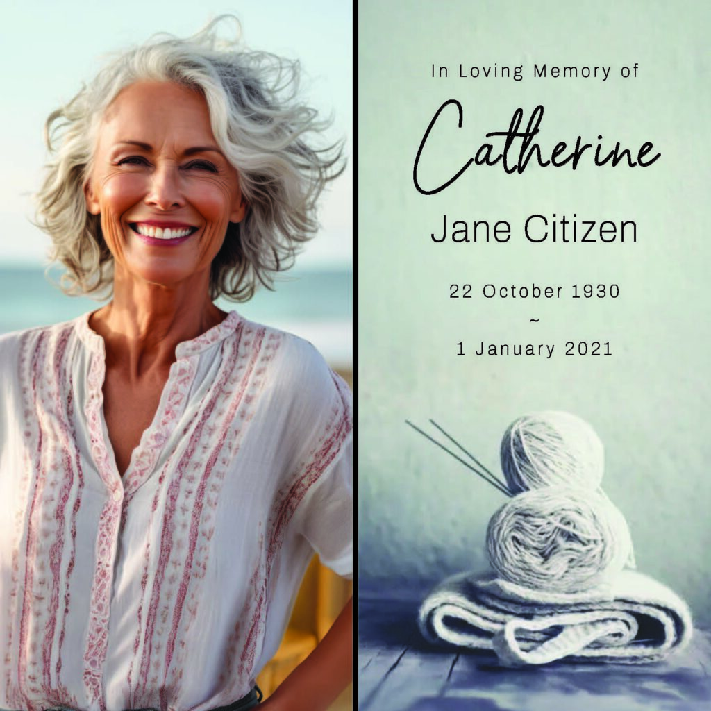 Memorial card showing woman and yarn.