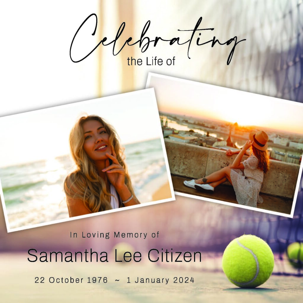 Memorial tribute with photos and tennis theme.