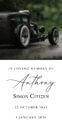 Classic car and memorial card for Anthony.