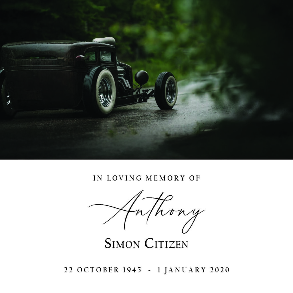Vintage car, memorial card for Anthony.