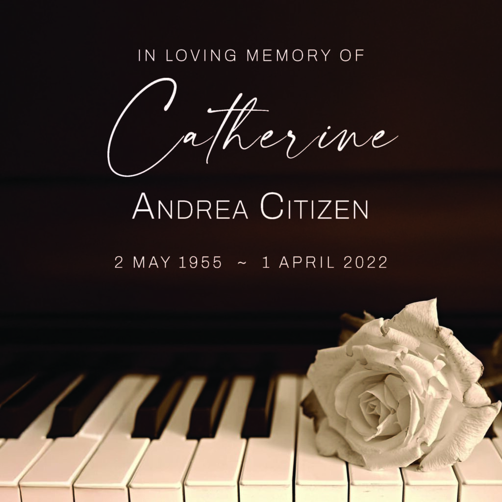 Memorial for Catherine Andrea, piano and white rose.