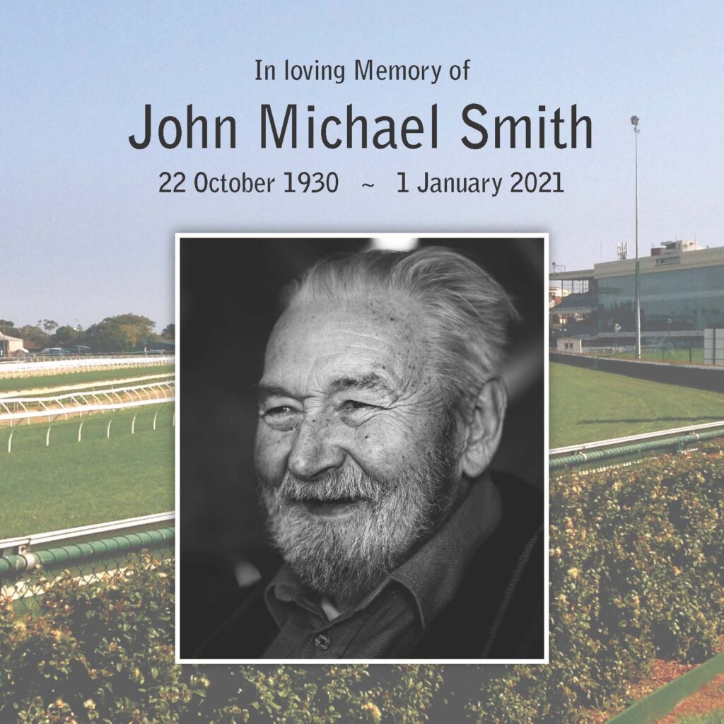 Memorial portrait of elderly man at racetrack.