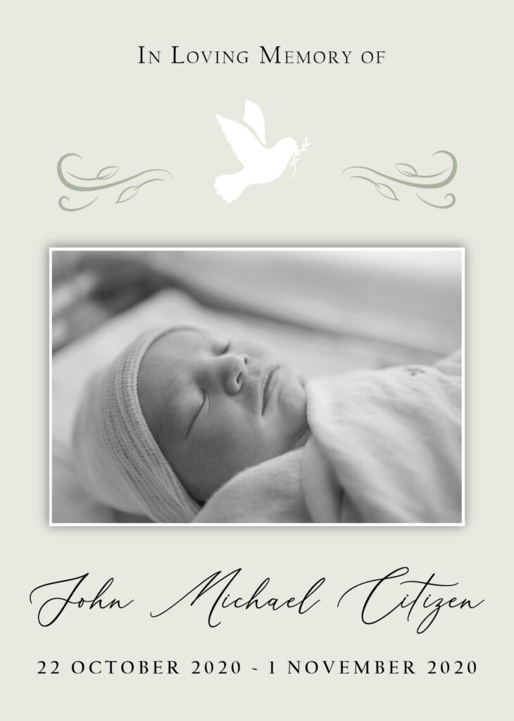 Memorial card for baby with dove illustration