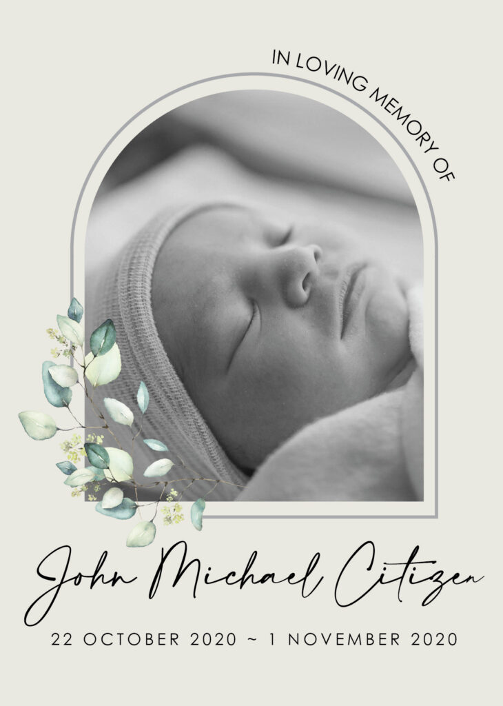 Memorial card for newborn with dates and name.