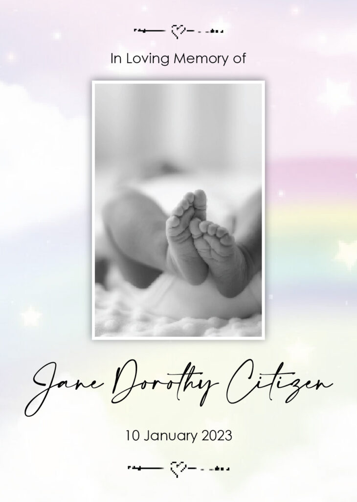 In loving memory, baby feet, pastel background.