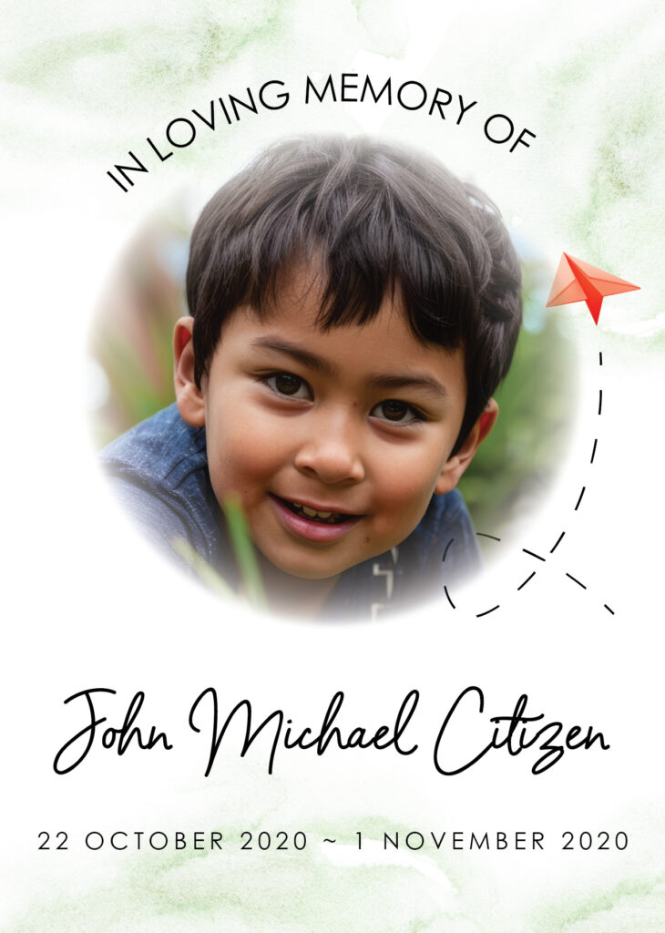 Child memorial with paper airplane theme.