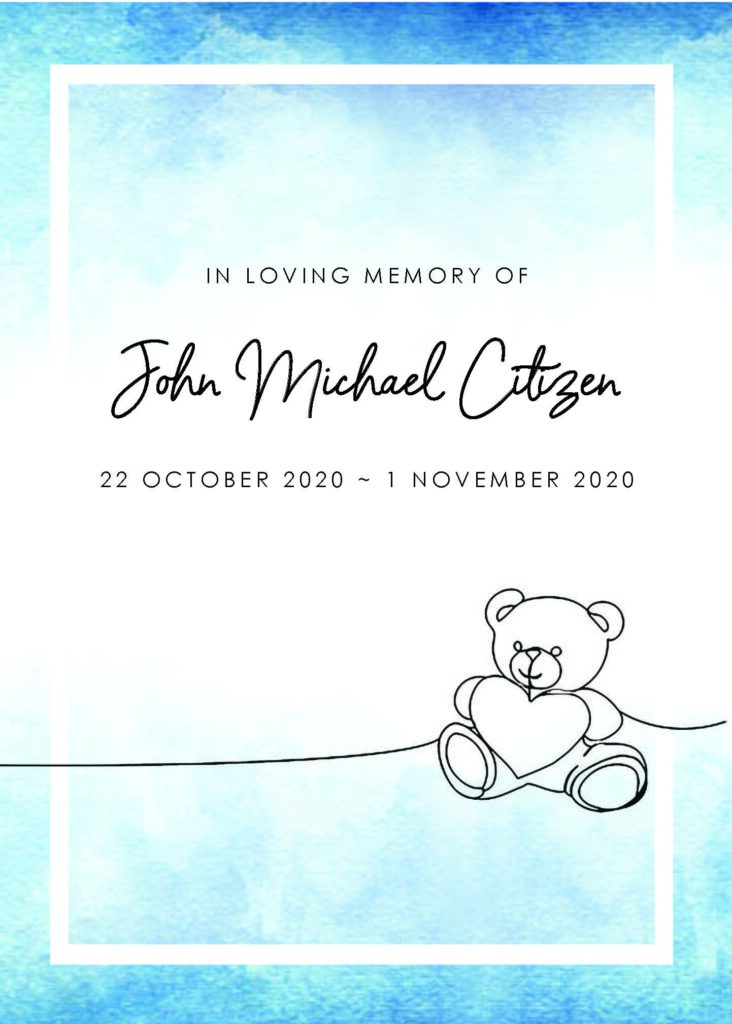Memorial card with teddy bear illustration.