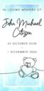 Memorial card with teddy bear design.