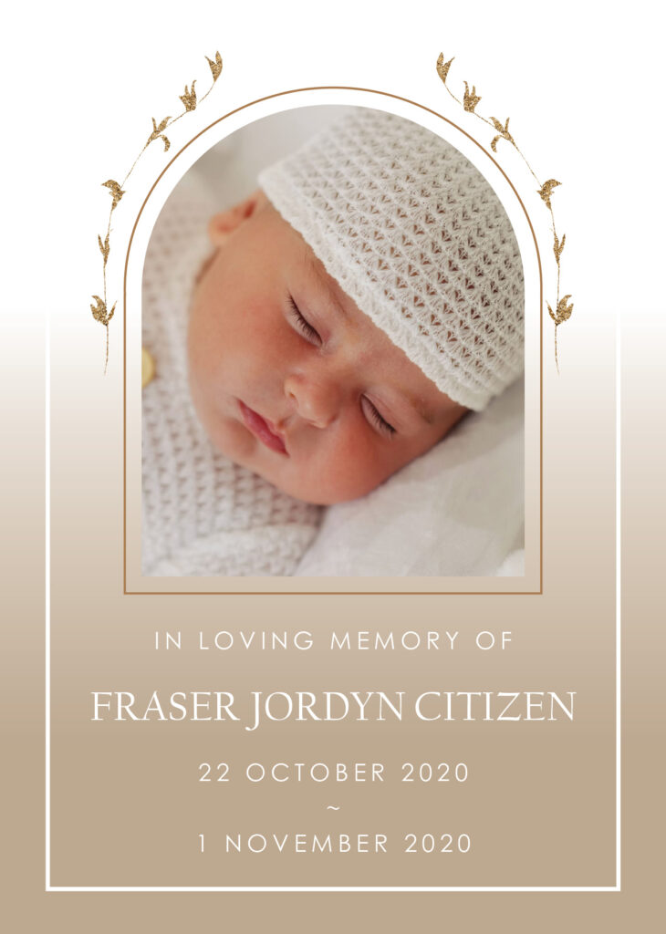 Memorial card for baby Fraser Jordyn Citizen.