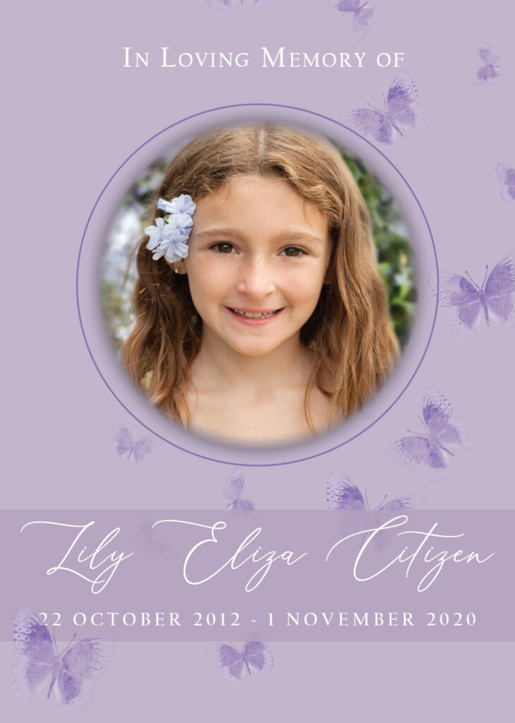 Memorial card with child's portrait and butterflies.
