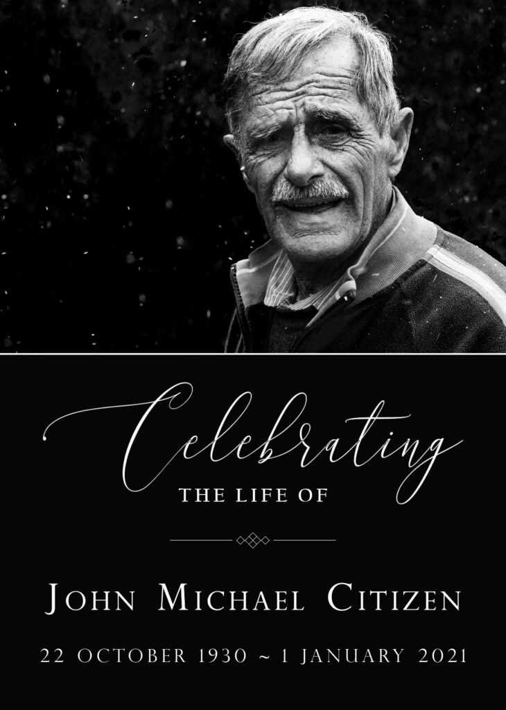 Memorial card for John Michael Citizen, 1930-2021.