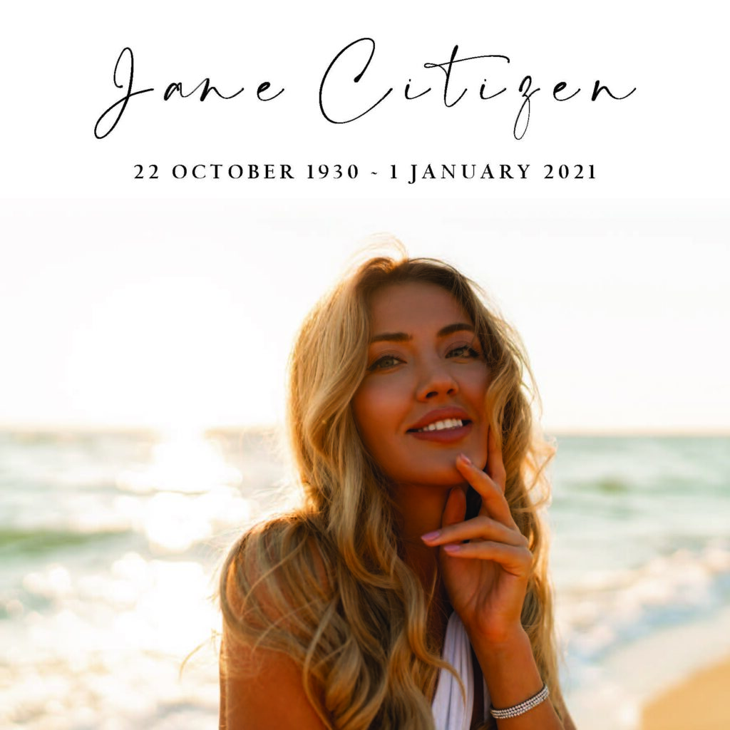Memorial image with beach background and dates shown.