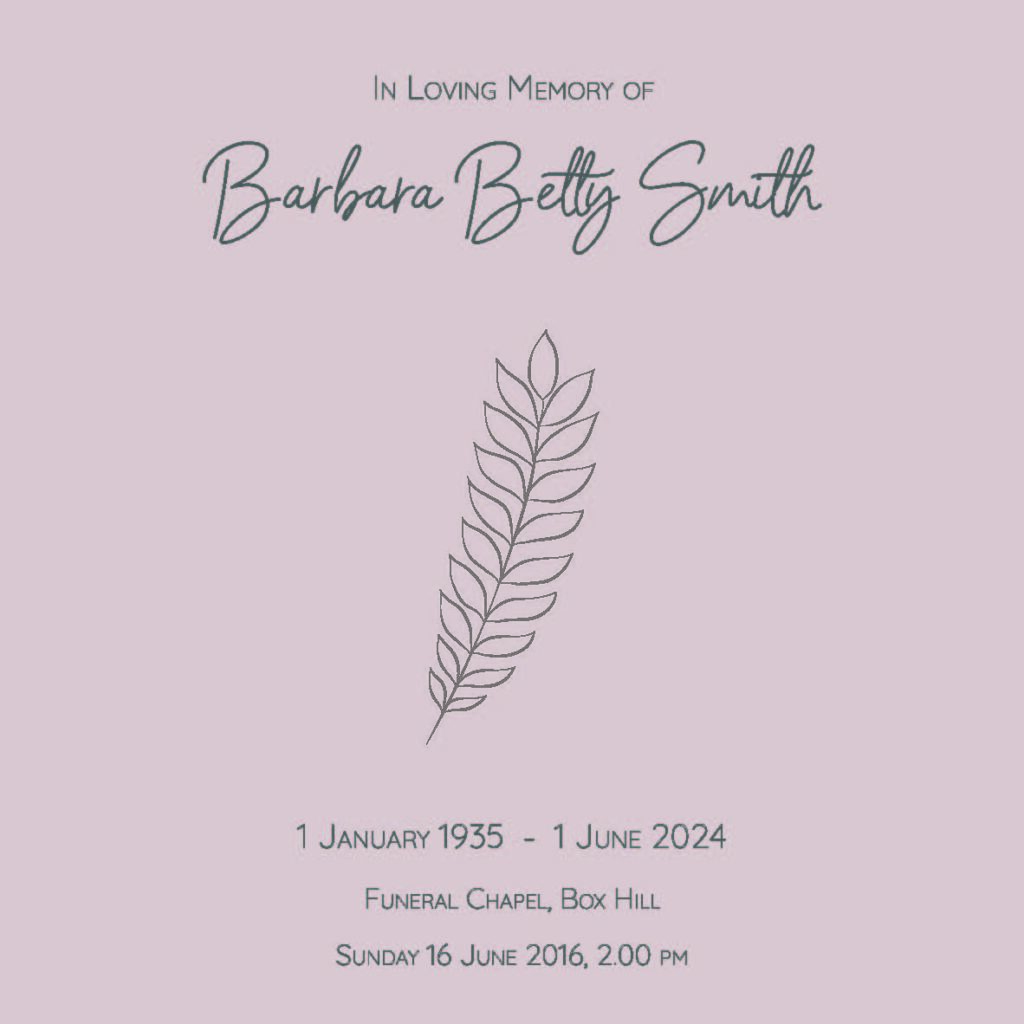 Memorial for Barbara Betty Smith, dates and service details.