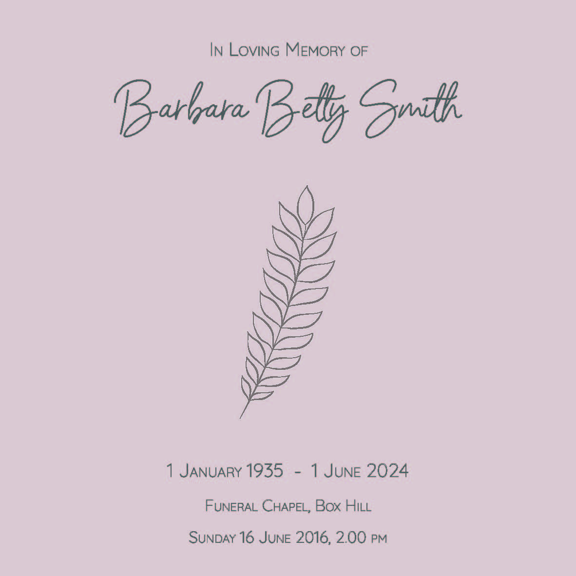 Memorial for Barbara Betty Smith, dates and service details.