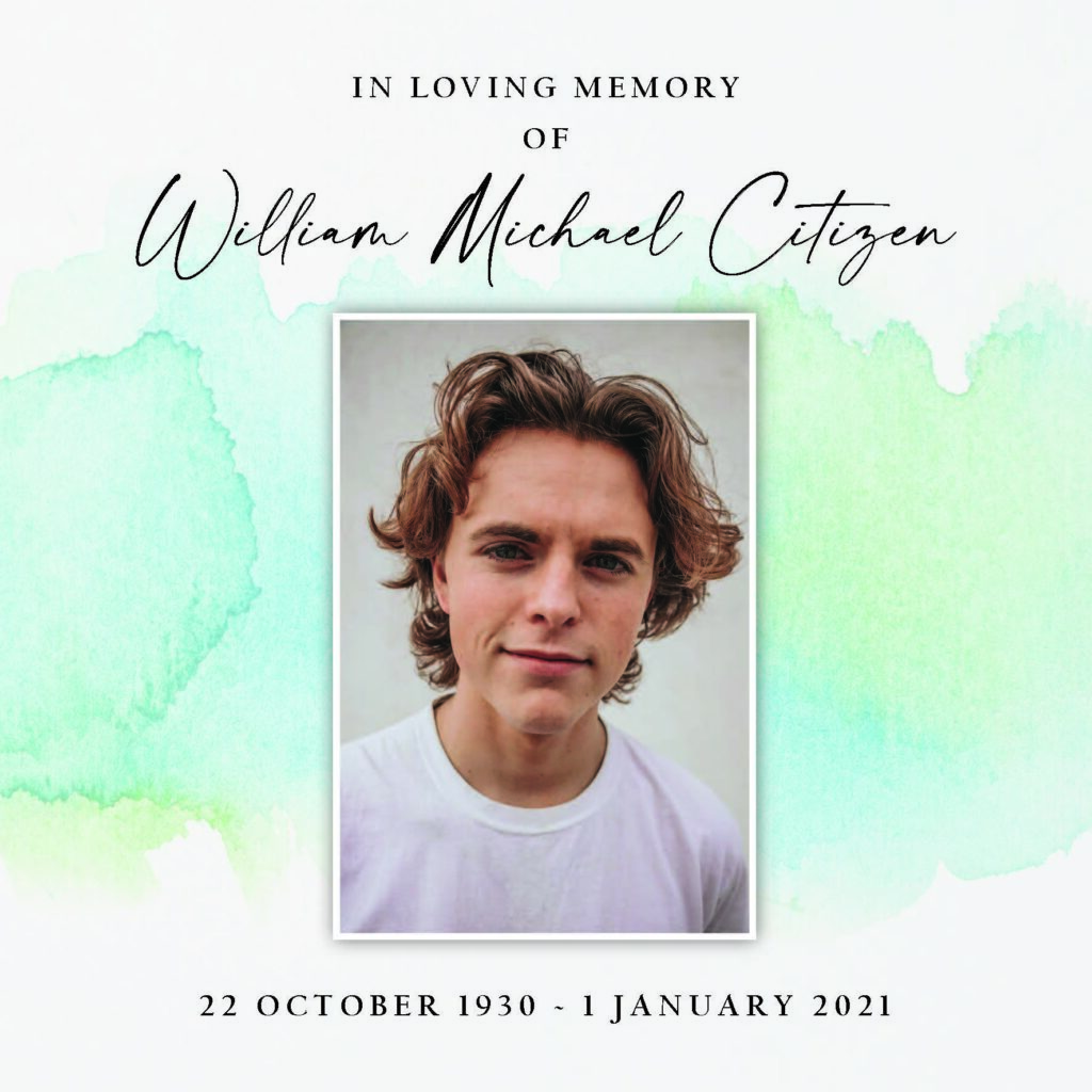 Memorial announcement with young man's portrait.