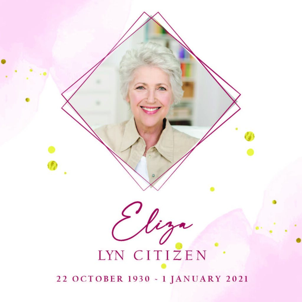 Memorial card with senior woman's photo and dates.