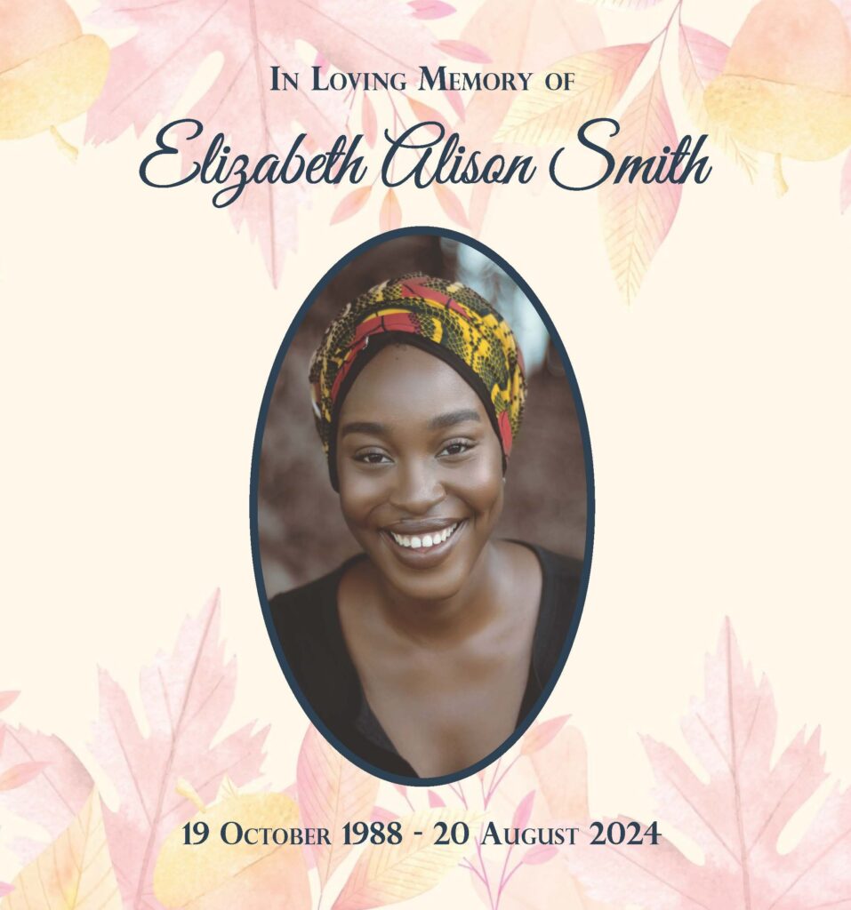 Memorial card with floral background.
