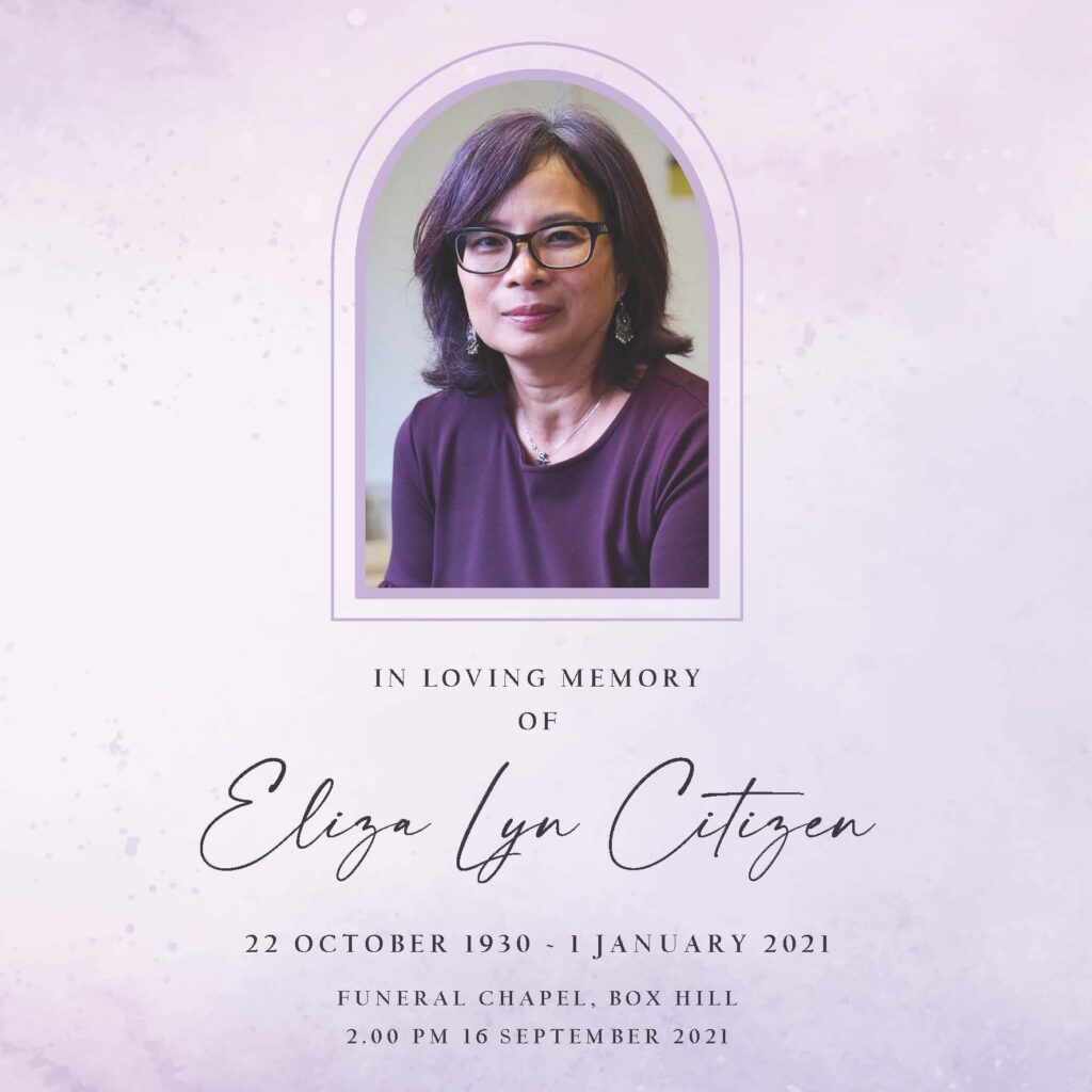 Memorial notice for Eliza Lyn Citizen