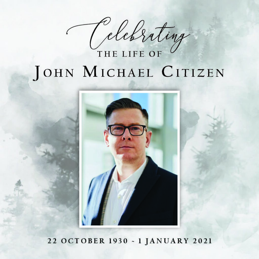 Memorial card for John Michael Citizen