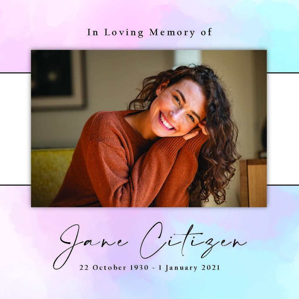 Memorial card with smiling woman, Jane Citizen, dates included.