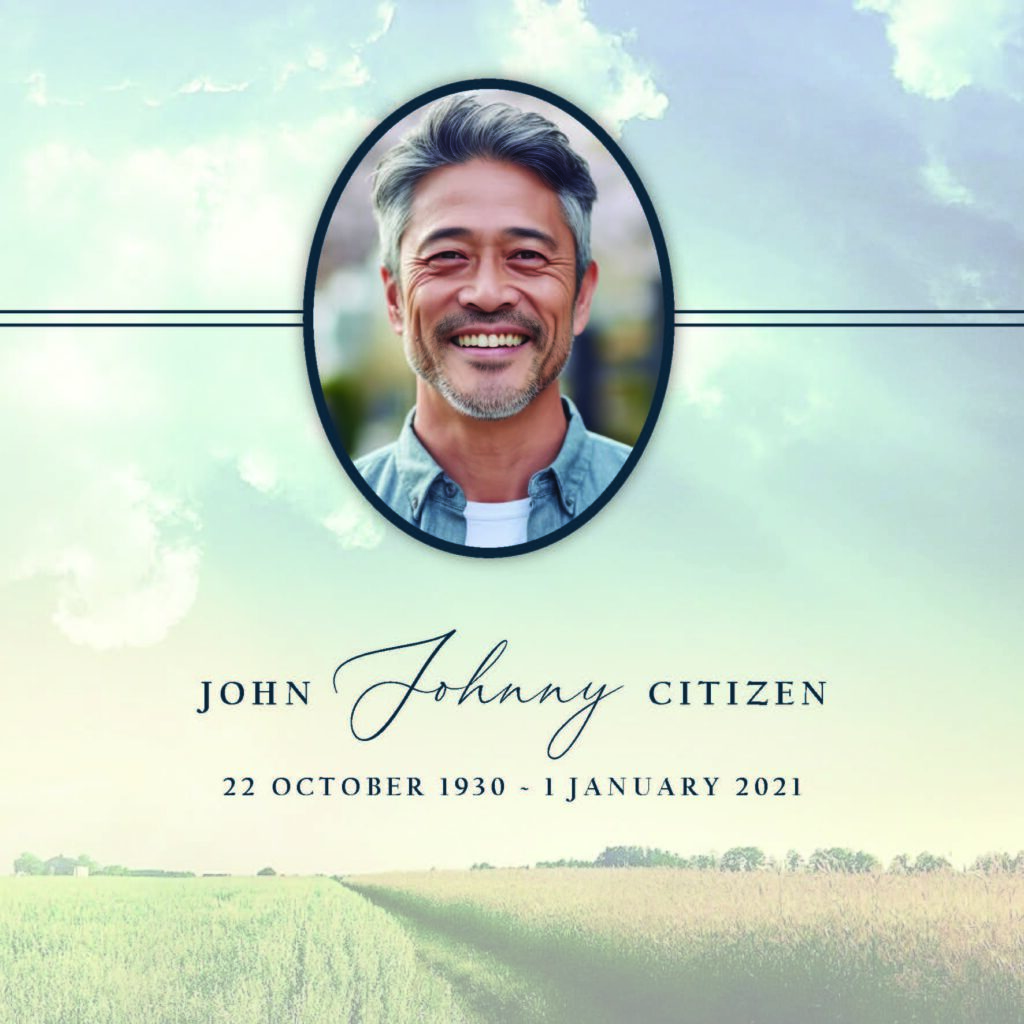 Memorial card with smiling man, serene landscape.