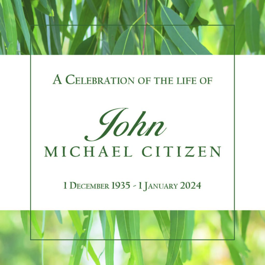 Celebration of life announcement with greenery background.