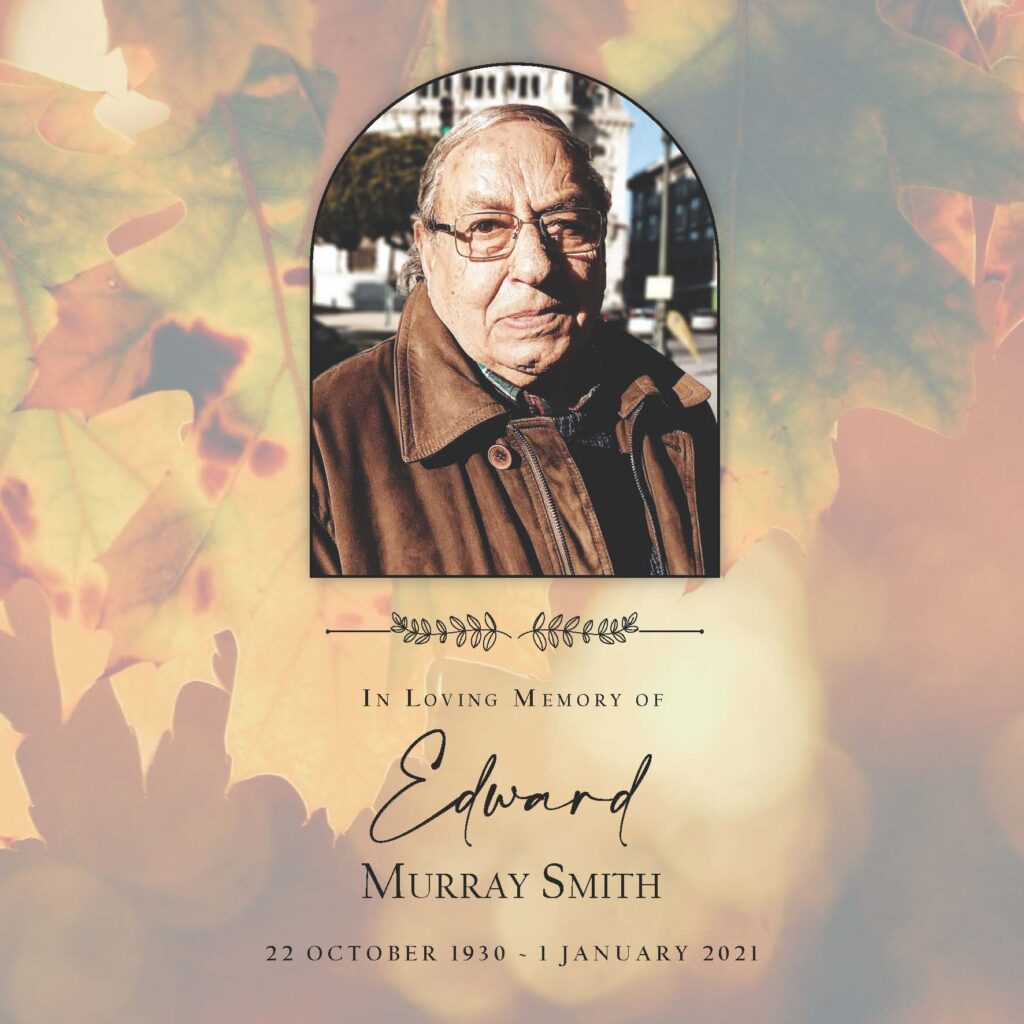 Memorial card with autumn leaves background.