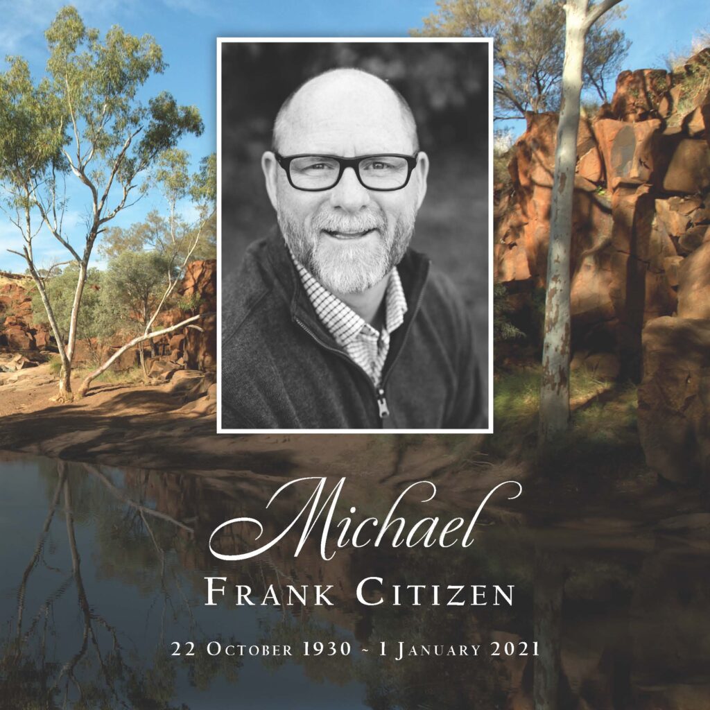 Memorial portrait of a man with Australian landscape.