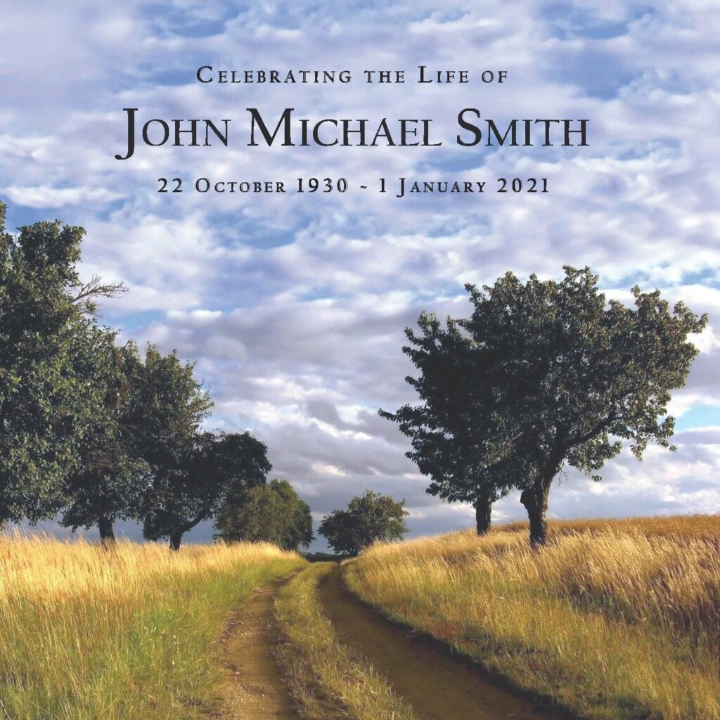 Memorial service announcement with scenic landscape.