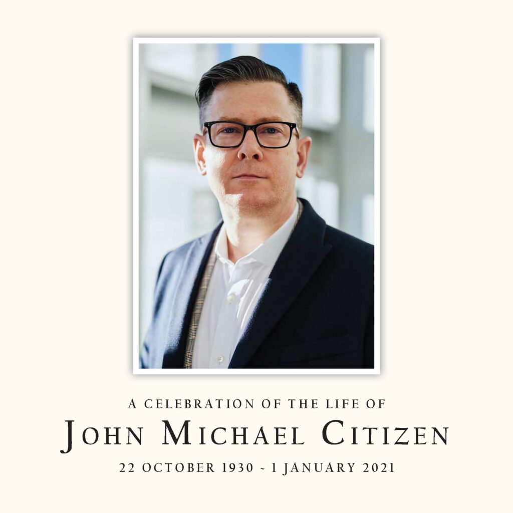 Memorial photo with dates of John Michael Citizen.