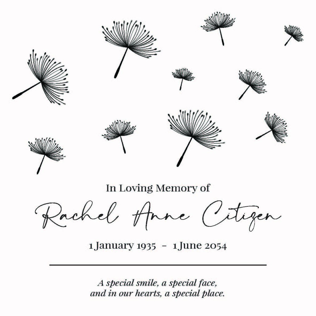Memorial card with dandelion illustrations.
