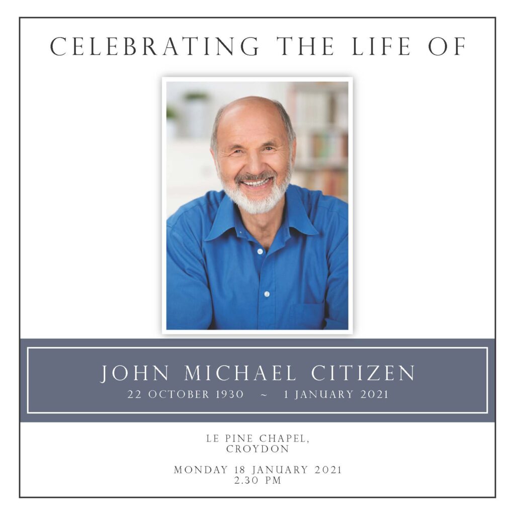 Memorial service invitation for John Michael Citizen.