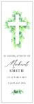 Memorial card with cross and greenery design.