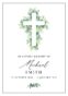 Memorial card with cross and leaves design.